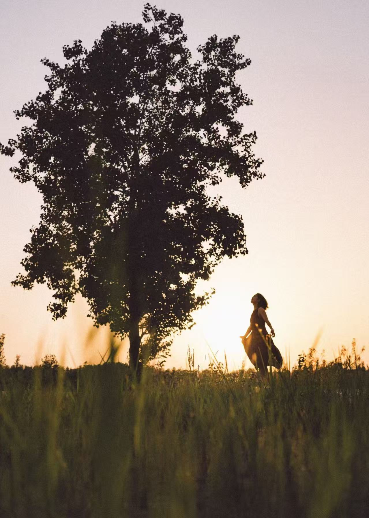 Figure on grass with trees at sunset